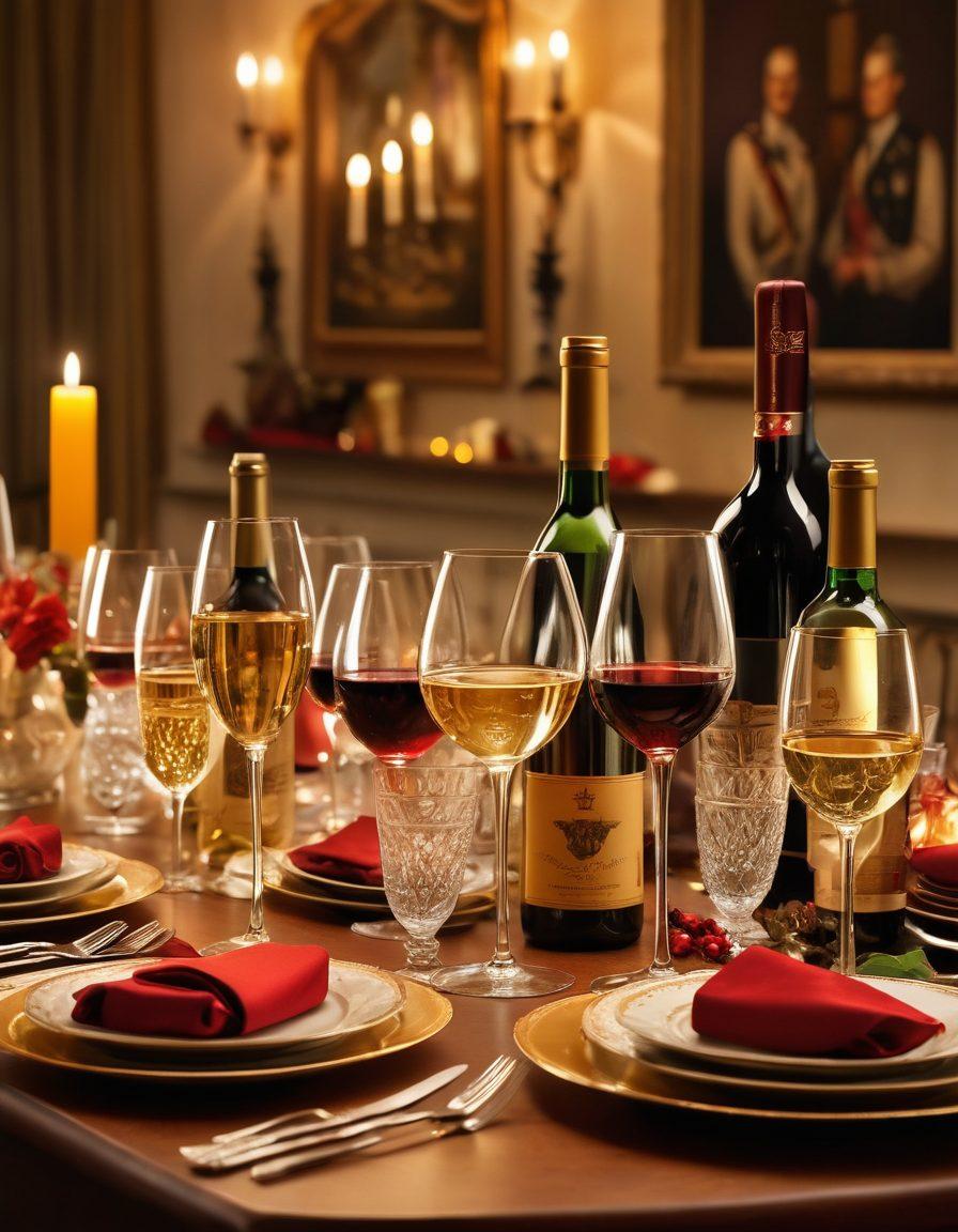 A festive table setting featuring an array of exquisite wines, each uniquely labeled with military themes, surrounded by celebratory decorations like medals and flags. Soft golden lighting casts a warm glow over glasses raised in a toast, with a backdrop of silhouettes of soldiers in celebration. Elegantly arranged appetizers complement the wines, creating an atmosphere of camaraderie. super-realistic. vibrant colors. warm lighting.