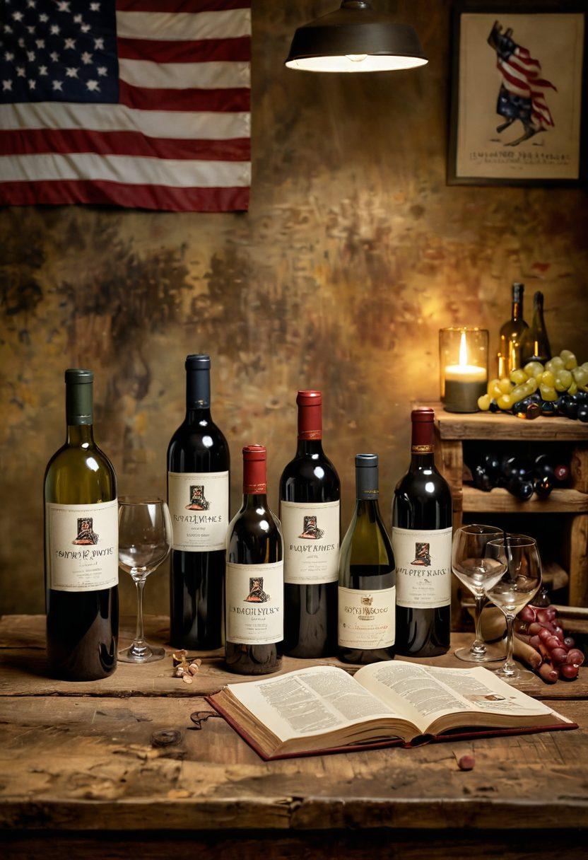 A beautifully arranged table showcasing a variety of wine bottles and glasses, set in a rustic setting with military-themed decor, including subtle camouflage elements. Include faint hints of flags and medals in the background, evoking a sense of tradition and camaraderie among armed forces personnel. Warm lighting casts a welcoming glow over the scene, inviting readers to indulge in the world of wine. super-realistic. vibrant colors. rustic aesthetic.