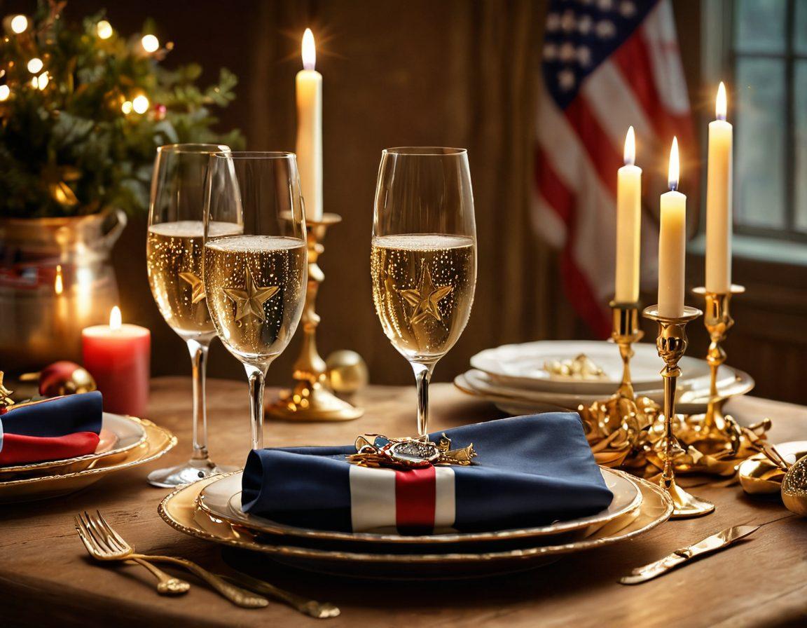 A festive table setting adorned with elegant glasses of sparkling wine, surrounded by military honors such as medals and badges. Candles and patriotic decorations enhance the celebratory atmosphere. A warm golden light casts a cozy glow over the scene, emphasizing a sense of gratitude and remembrance. super-realistic. warm tones. festive mood.